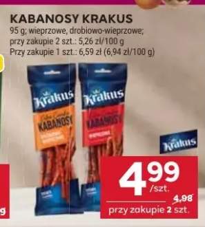 Kabanosy Krakus wieprzowe, drobiowe, wieprzowe przy zakupie 2 szt.: 5,20 zł/100 g