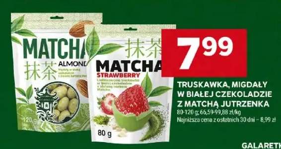 Truskawka, migdały w białej czekoladzie z matcha jutrzenka