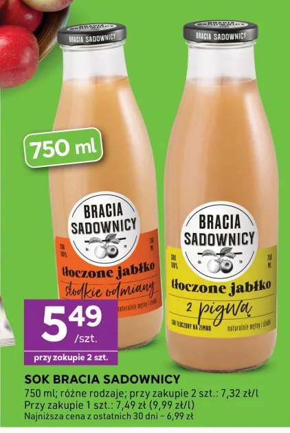 Sok Bracia Sadownicy tłoczone jabłko słodkie odmiany