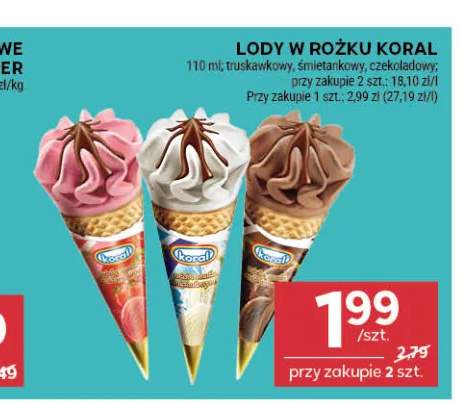 Lody w rożku truskawkowe Koral +2 warianty