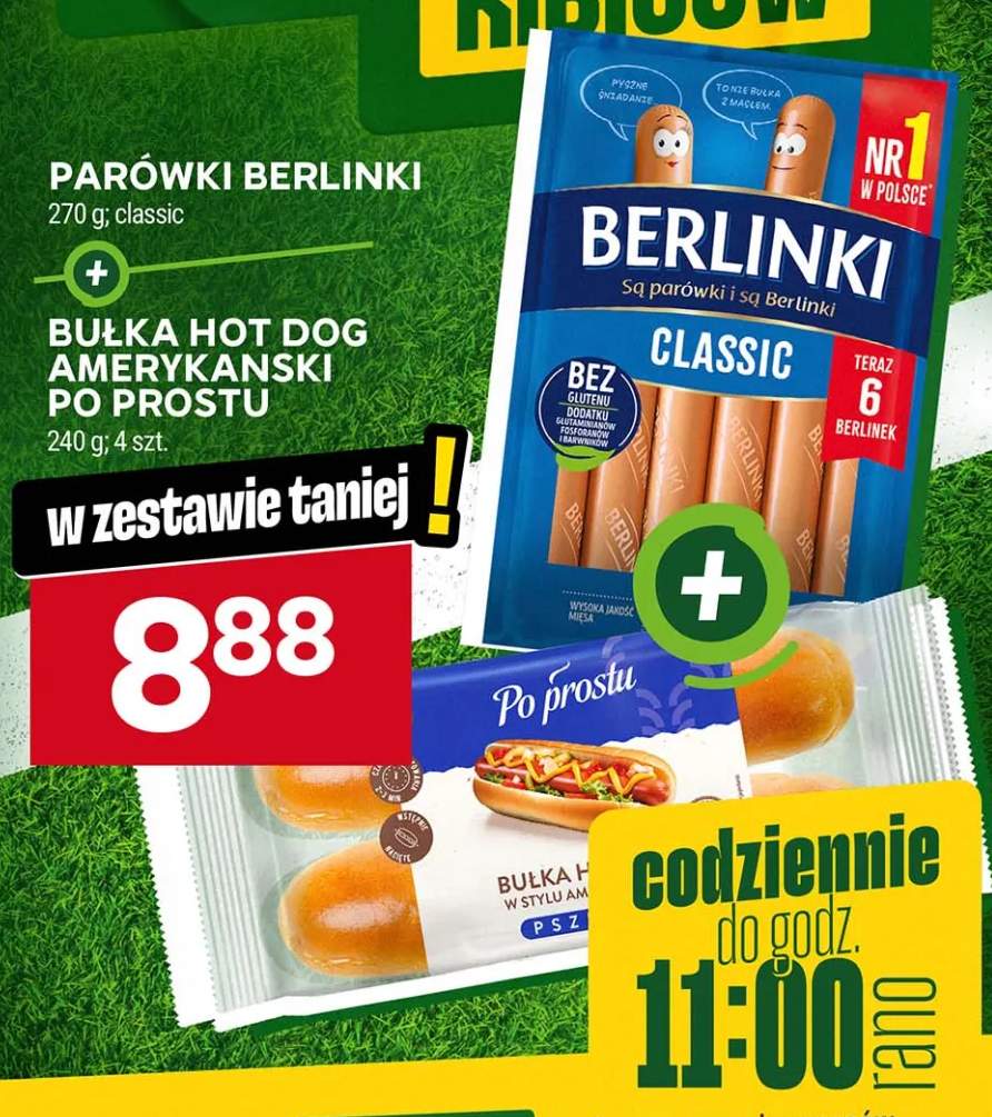 Zestaw parówki Berlinki Classic 270 g + bułka hot dog amerykański Po Prostu 240 g 4 szt.