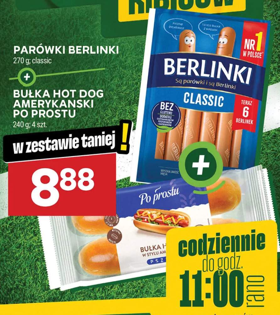 Zestaw parówki Berlinki Classic 270 g + bułka hot dog amerykański Po Prostu 240 g 4 szt.