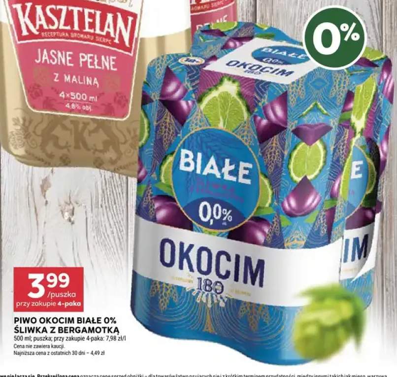 Piwo bezalkoholowe Okocim Białe Śliwka z Bergamotką 4-pak 500 ml