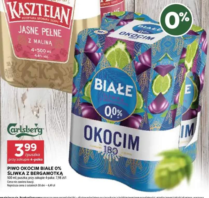 Piwo bezalkoholowe Okocim Białe Śliwka z Bergamotką 4-pak 500 ml